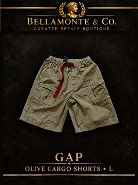 GAP Men's Olive Cargo Shorts L 35–37 Red Belt 100% Cotton